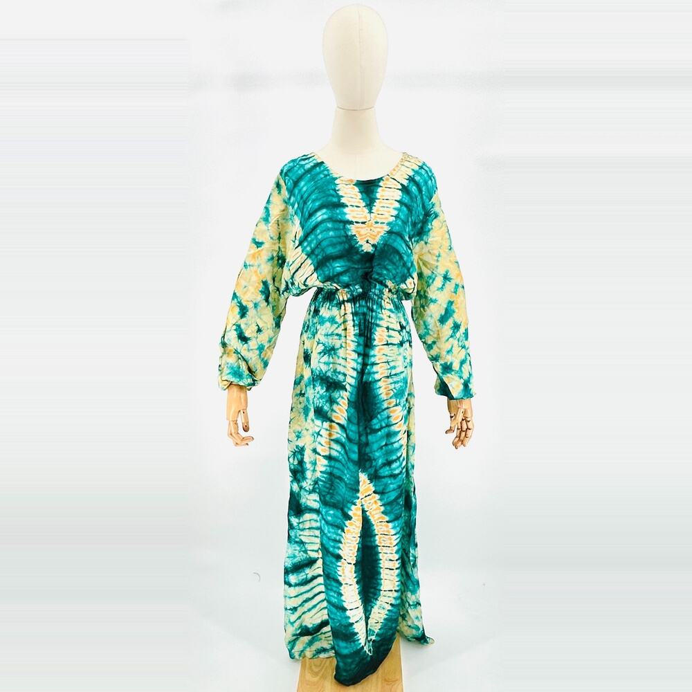 Handmade Satin Teal Yellow Tie-Dye Boho Elastic Waist Maxi Dress